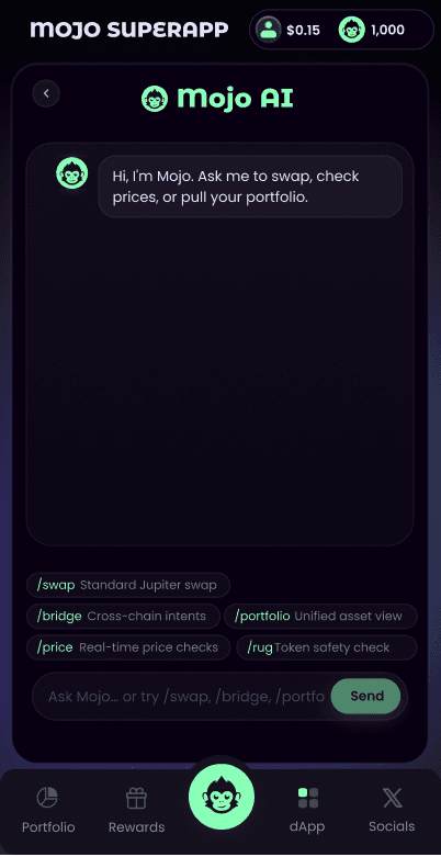 Mojo AI chat open in the Chimp X superapp